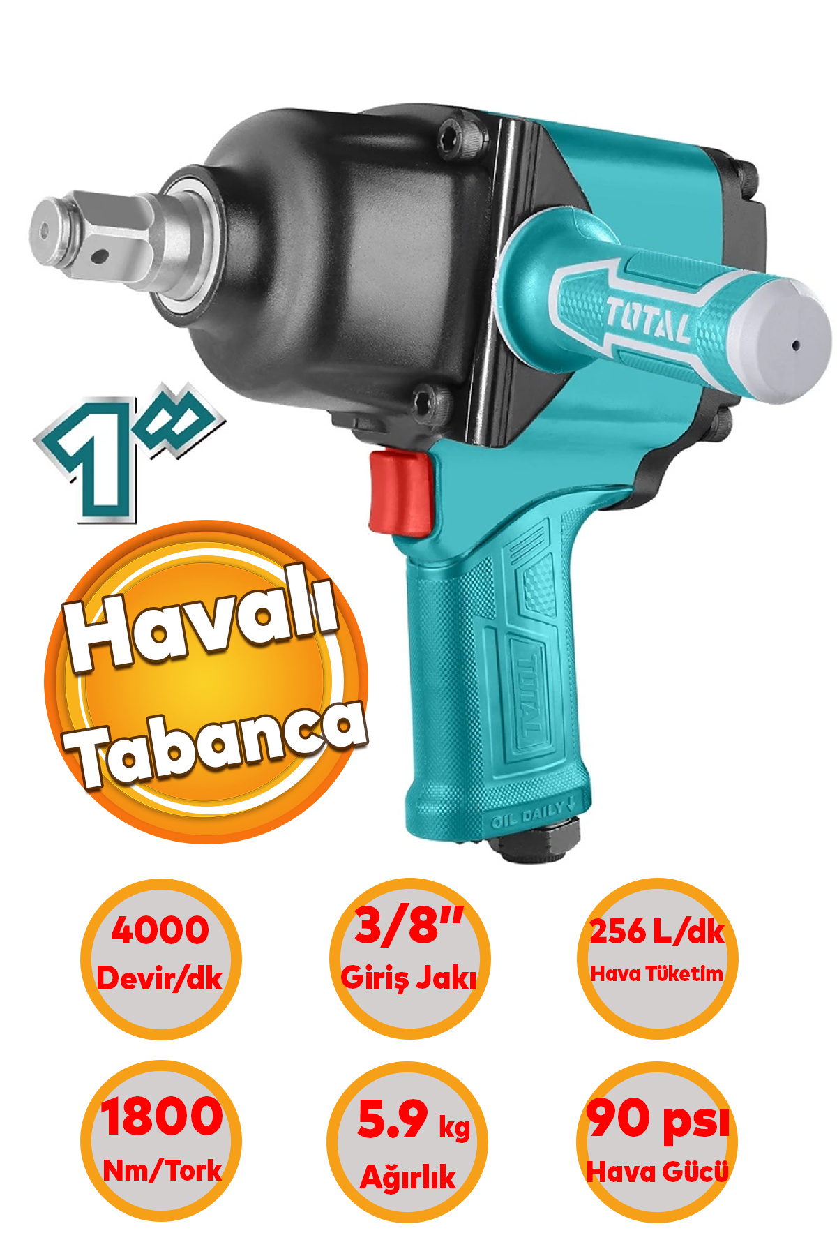 TOTAL Havalı Darbeli Somun Sıkma 1800 N.m TAT41112 Sökme Tabanca 1" Araba Teker Lastik Civata Bijon