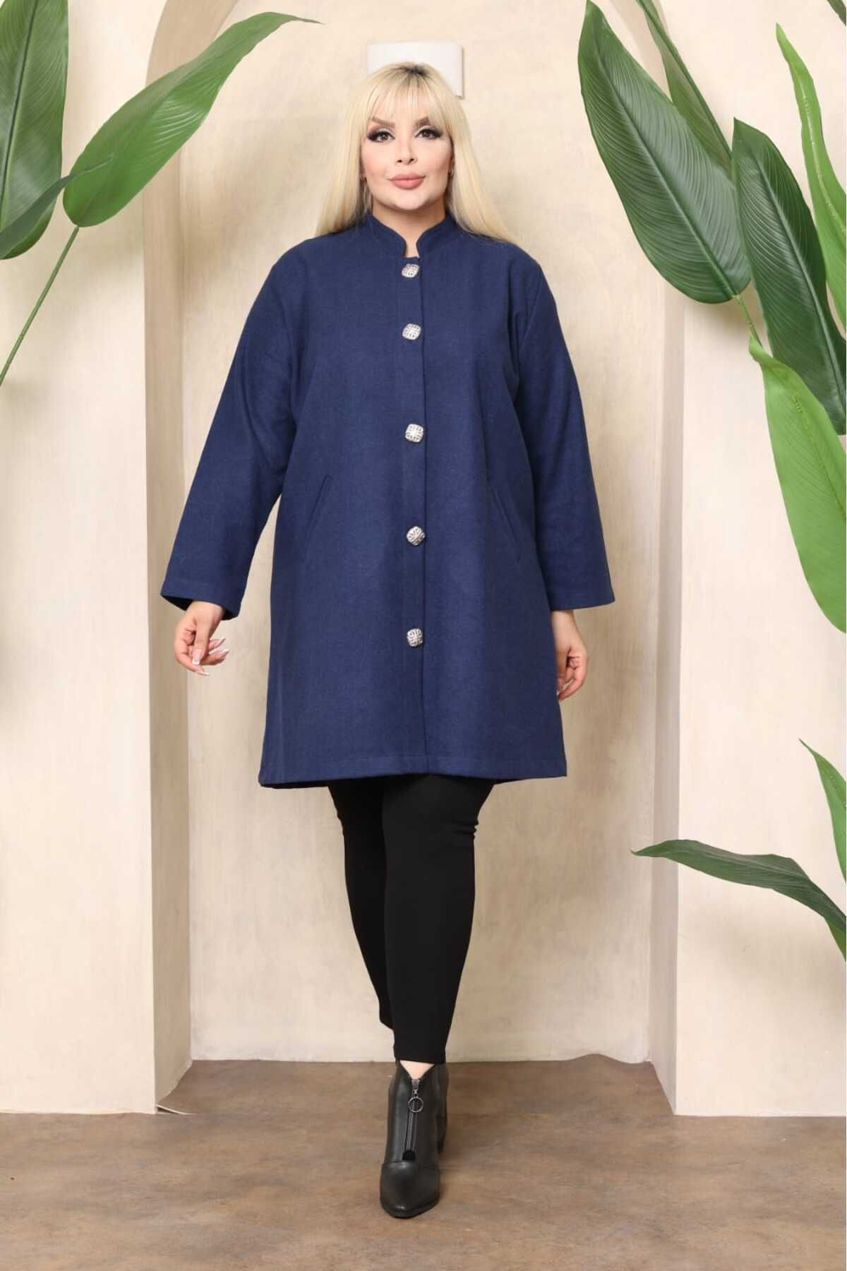 Şans-Women's Large Size Navy Blue Pocketed Unlined Cashmere Coat 65N38346 8