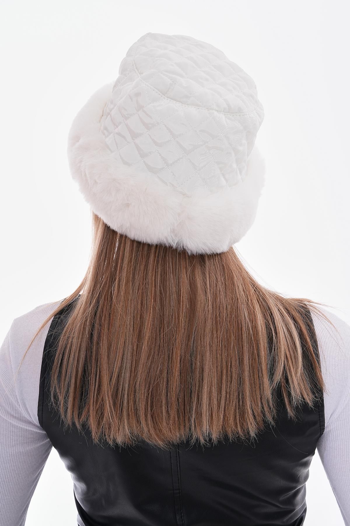 Axesoire-14607 Quilted Fur Lined Ecru Hat 6