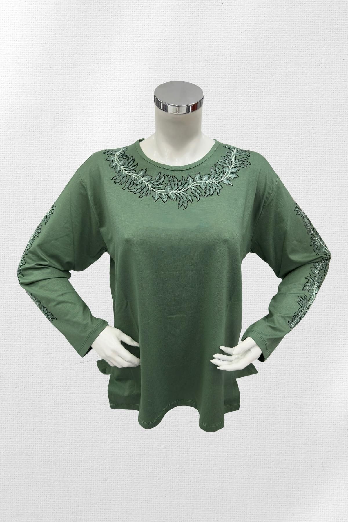 Moda Zeyn-Green Jewelled Flower Patterned Viscose Women's Combed Cotton Blouse 1