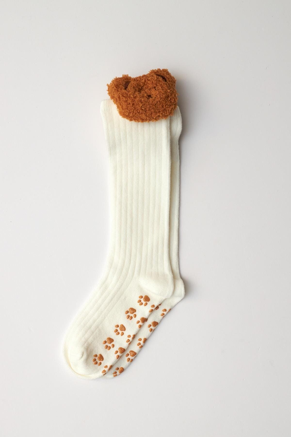 Katia&Bony-Ecru Girl's Knee Socks - Teddy Bear Detail 4