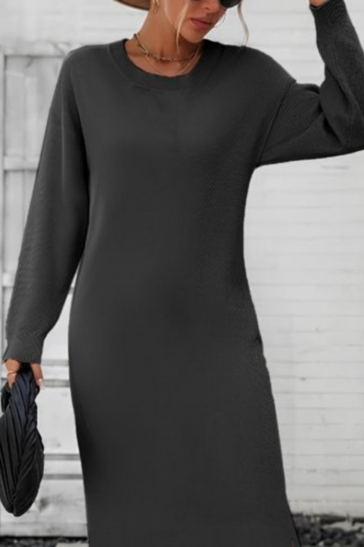 Mossta-Long Sleeve Crew Neck Slit Detail Knitwear Midi Dress Gray 2