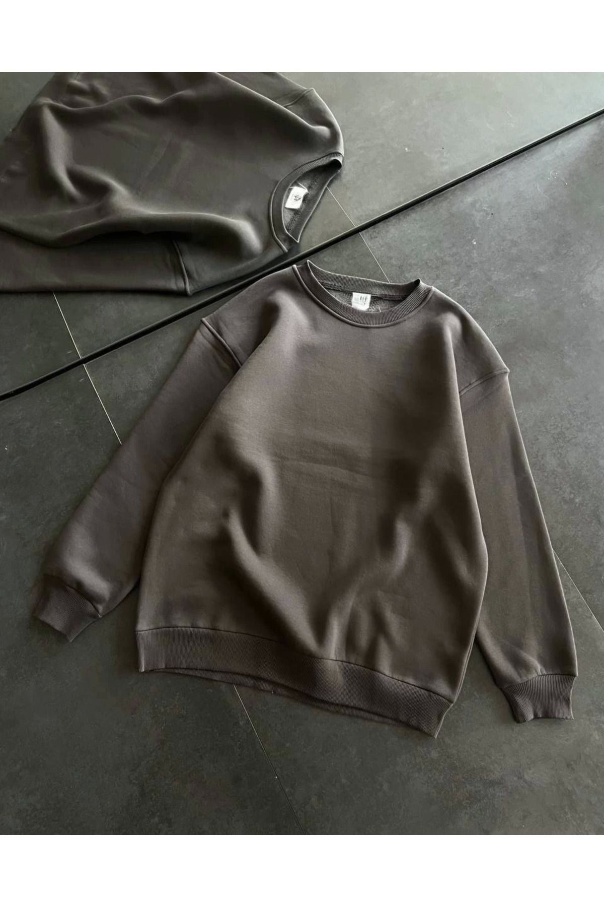 Pink Stil Kışlık Bisiklet Yaka Üç İplik Basic SweatShirt - Füme Pink Stil