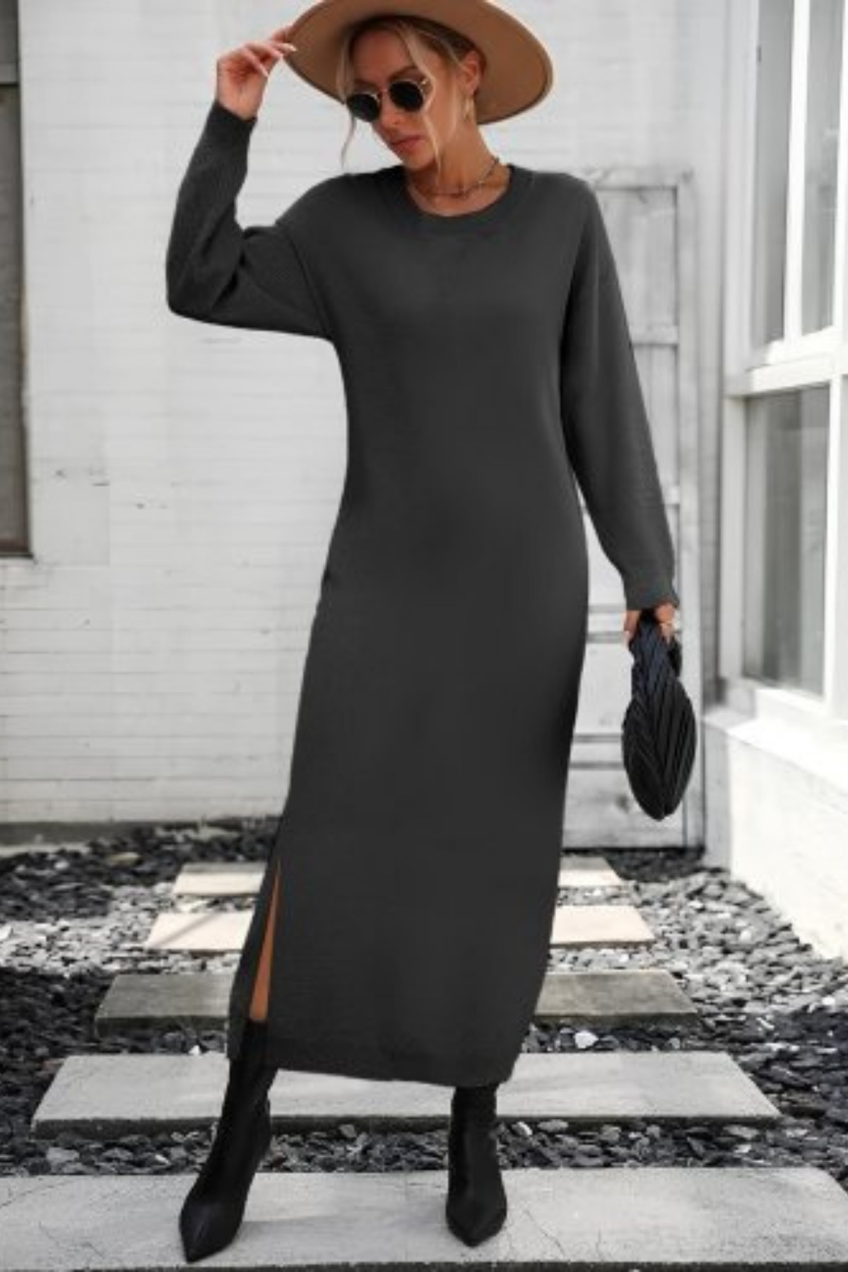 Mossta-Long Sleeve Crew Neck Slit Detail Knitwear Midi Dress Gray 1