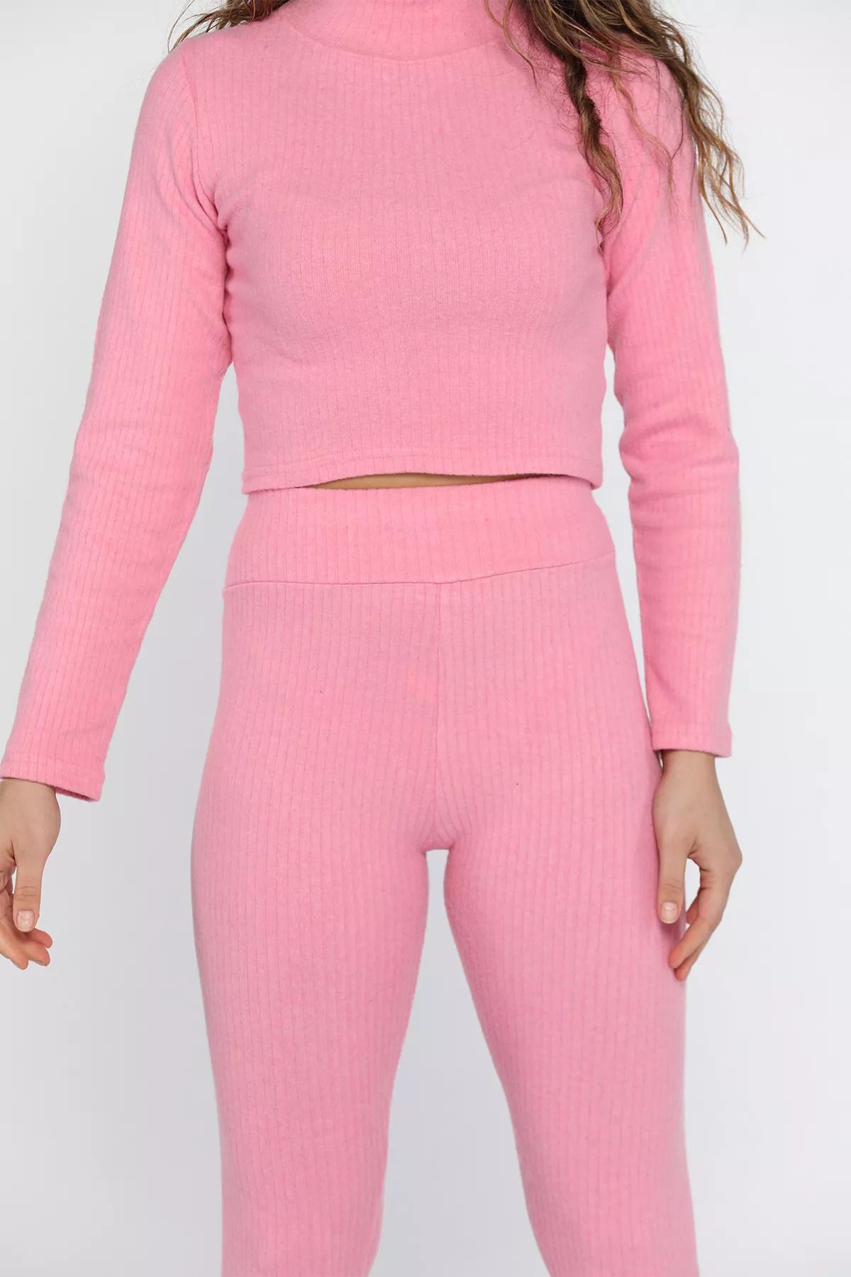 GÜLSELİ-Pink Half Turtleneck Camisole Crop Blouse Tights Double Set 3