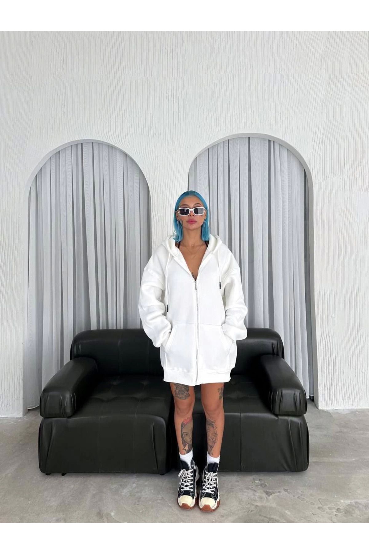 Pink Stil Oversize Tam Fermuarlı Uzun Kol Hırka - Beyaz Pink Stil