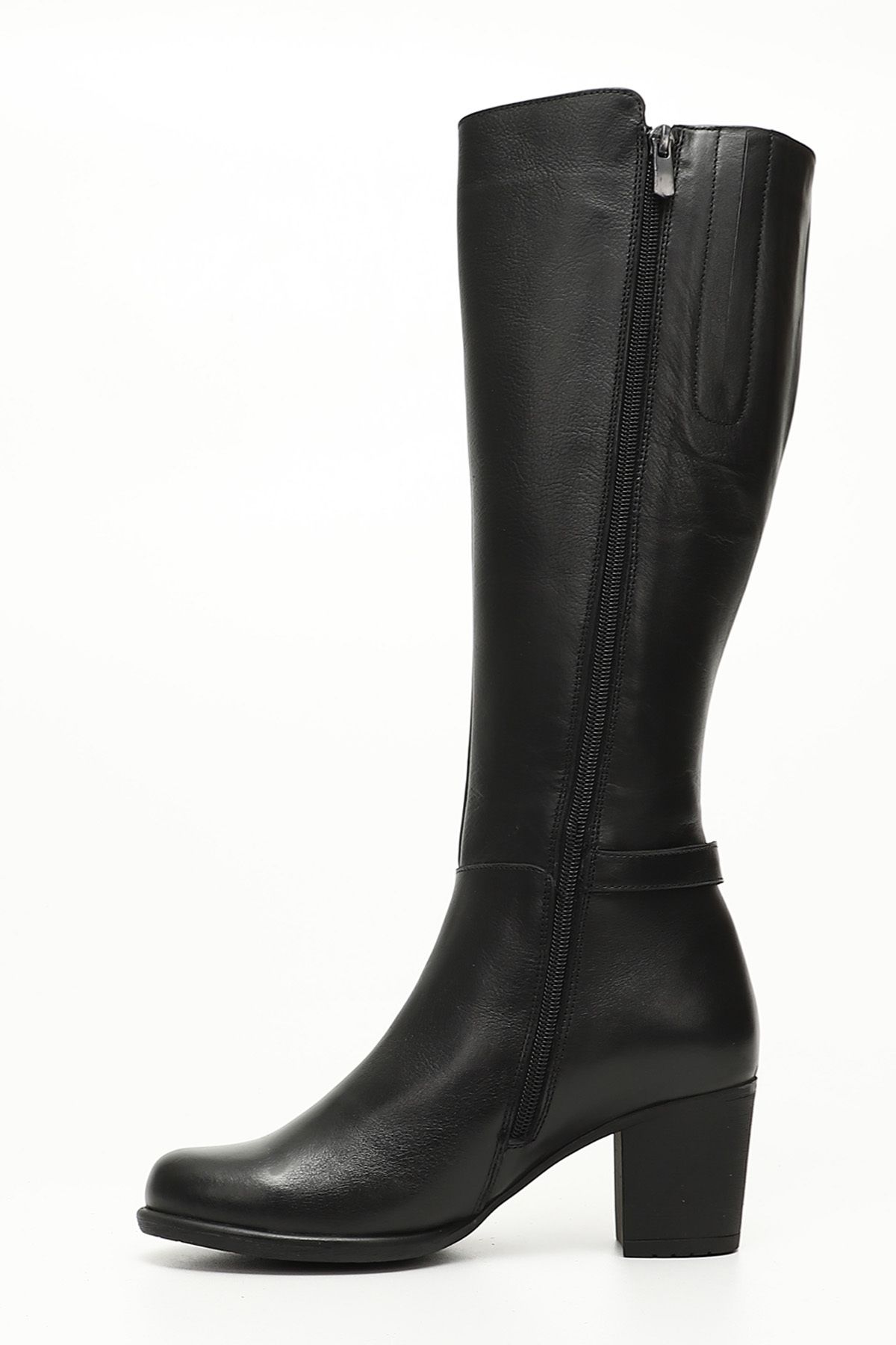 GÖNDERİ(R)-Schwarze Damenstiefel aus echtem Leder mit runder Spitze und Gummisohle und Reißverschluss und Schnalle 46501 4