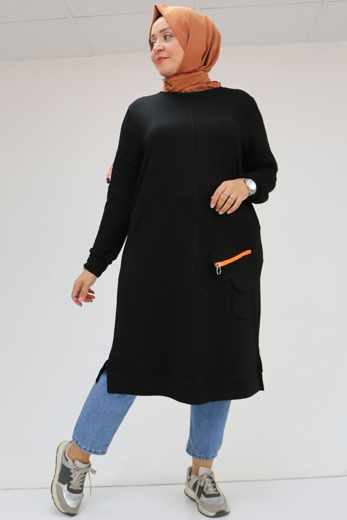 Eslina-48060 Large Size Crystal Tunic with Zipper and Crest Detail - Black 6