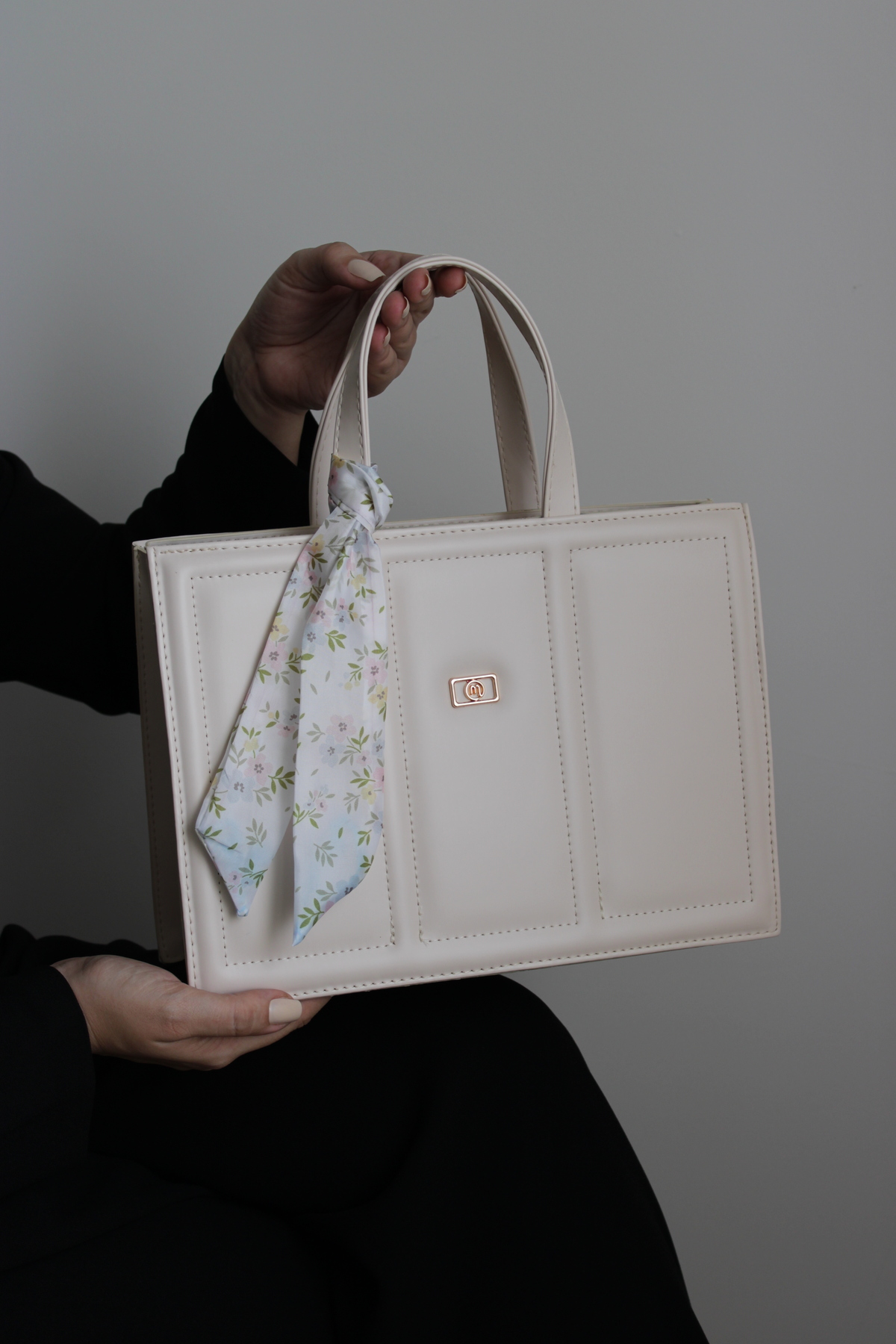 Women's Beige Soft Leather-Medium Size-Hand and Shoulder Bag with Scarf and Embroidery Detail