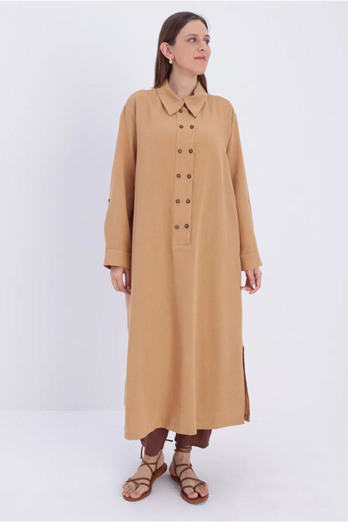 Moda Rosa-24Y4393 - CAMEL - Plus Size Double Buttoned Linen Full Length Tunic 1