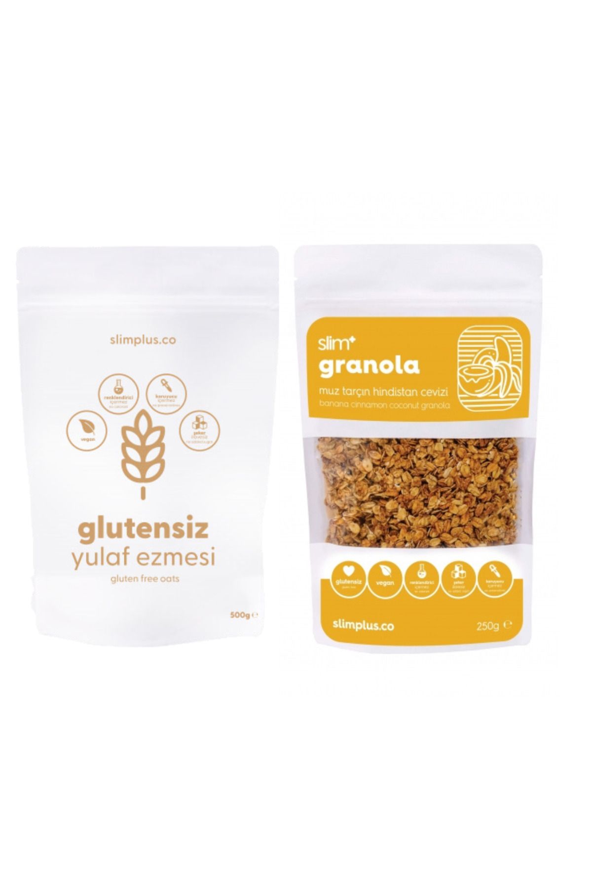 slimplus Muz Tarçın Hindistan Cevizi Glutensiz İlave Şekersiz Vegan 250G Granola ve 500G Yulaf Ezmesi Paketi