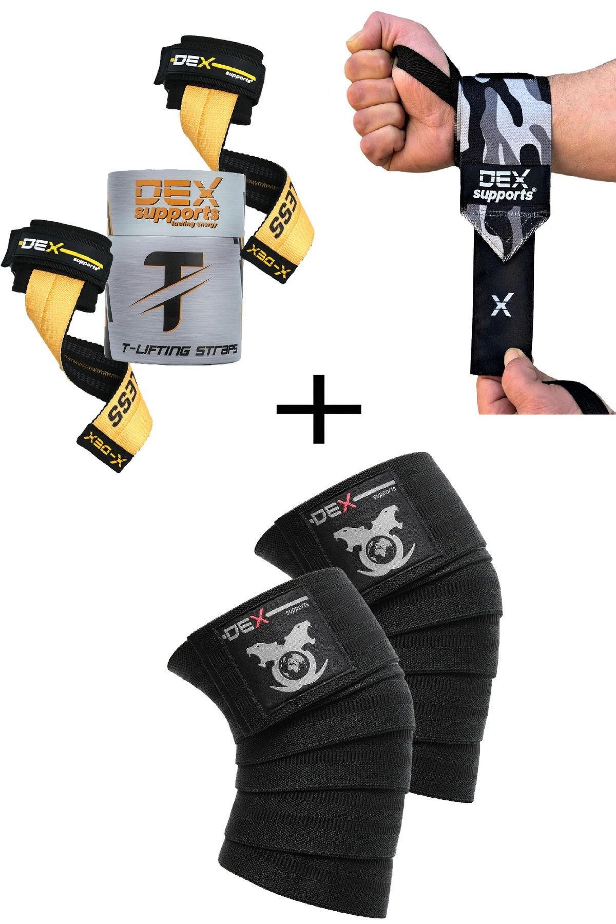 Dex Supports Sporcu Bilekliği Dark Kamuflaj Wrist Wraps+T-Grips Lifting Straps+Knee Wraps Legend 3'lü Paket