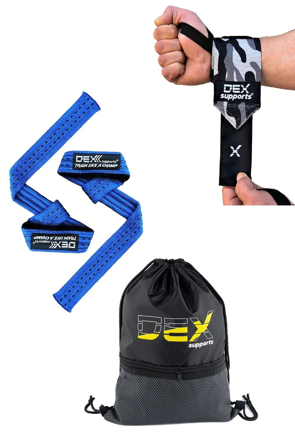 Dex Supports Fitness Sporcu Bilekliği Dark Kamuflaj Wrist Wraps+Lifting Straps Mavi+Sackpack 3'lü Paket