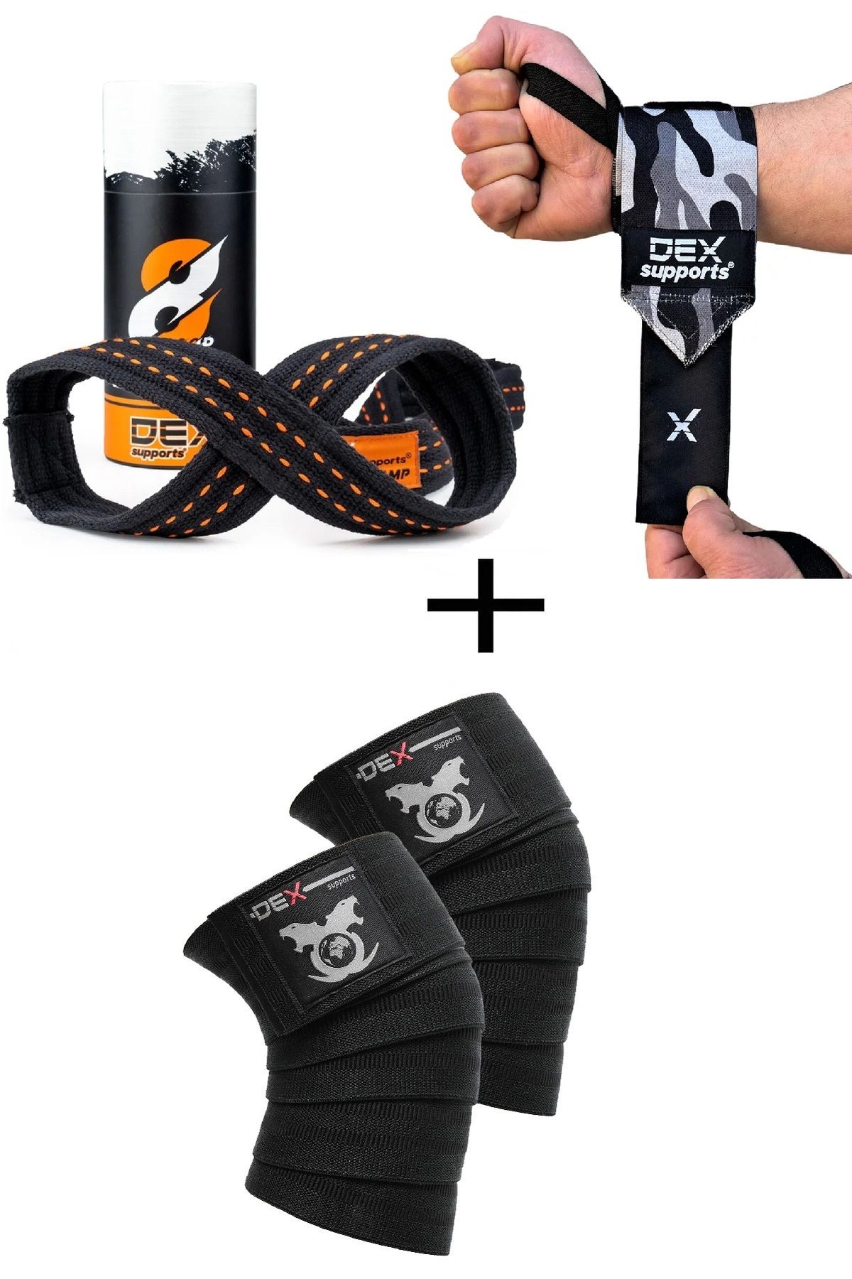 Dex Supports Fitness Dark Kamuflaj Wrist Wraps + 8 Loop Lifting Straps Turuncu + Knee Wraps Legend 3'lü Paket