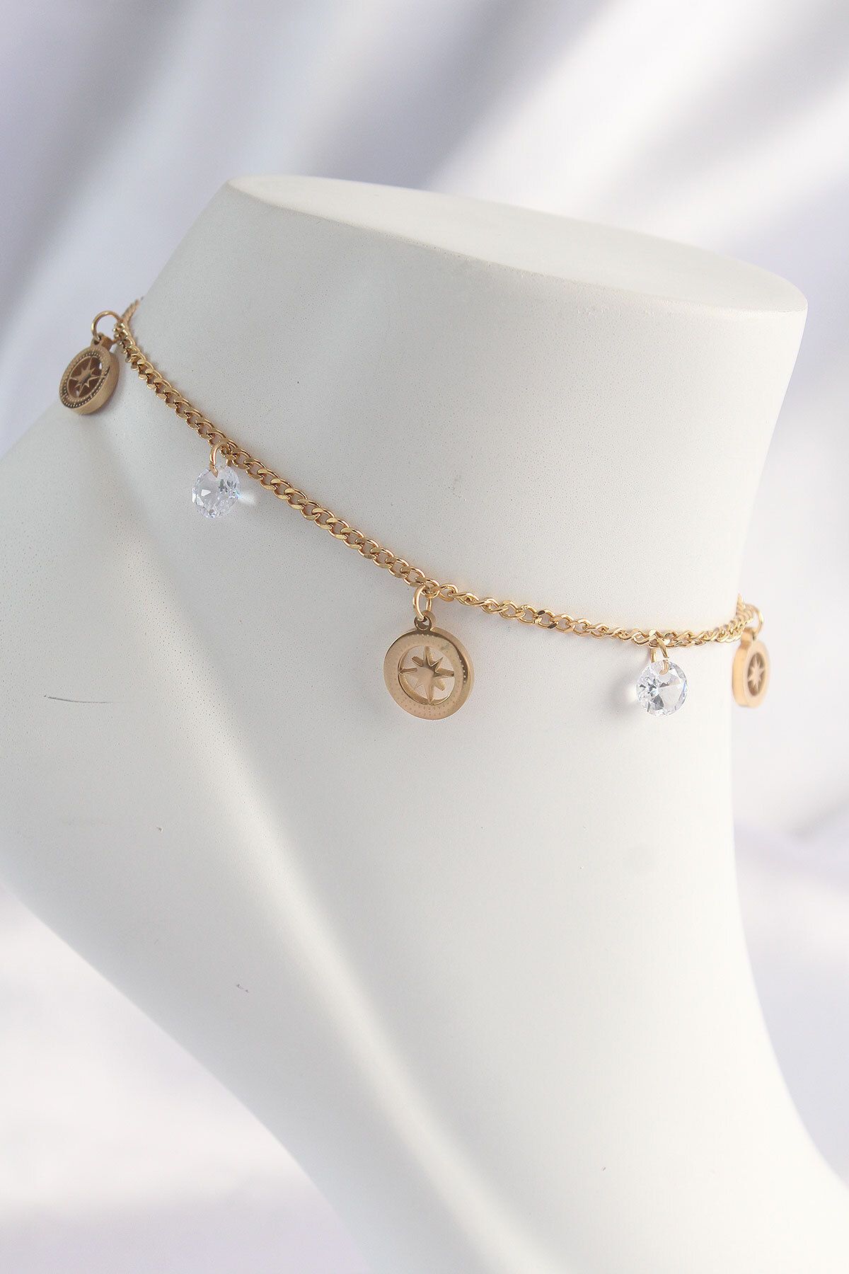 Evinso 316L Çelik Gold Renk Zirkon Taşlı Yıldızlı Halhal