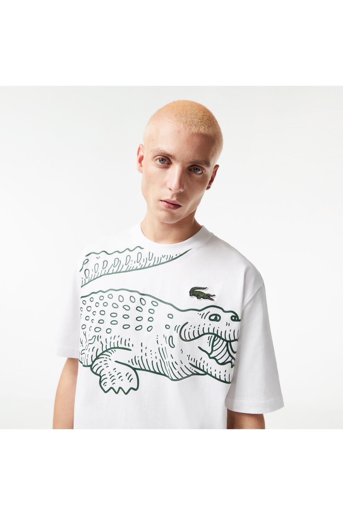 تی شرت سفید مردانه یقه دوچرخه تناسب پنبه ارگانیک طرح دار Lacoste