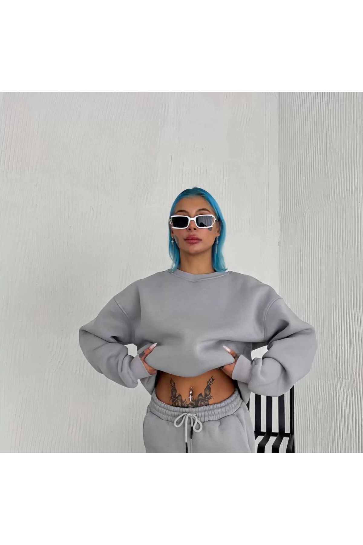 SA Alişveriş Dünyam Kışlık Bisiklet Yaka Üç İplik Basic SweatShirt - Gri