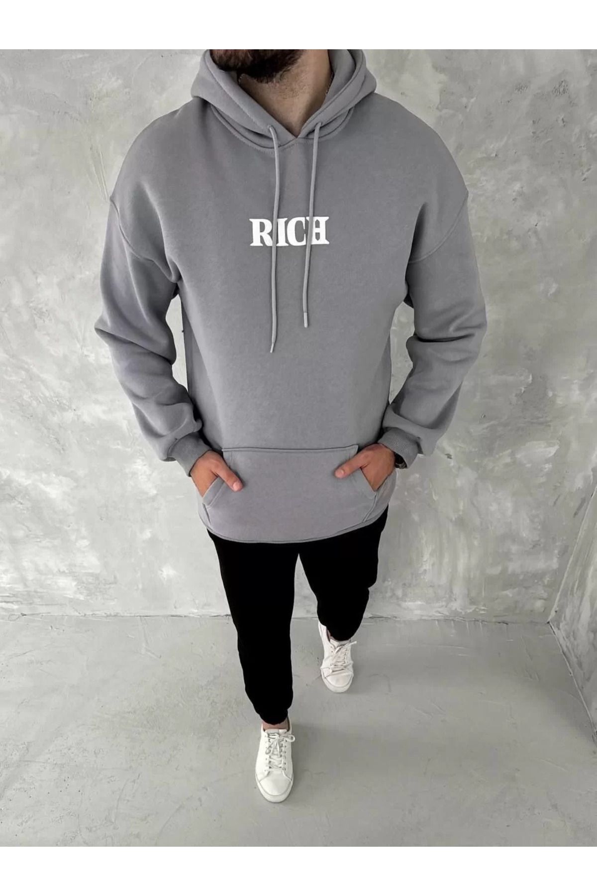 SA Alişveriş Dünyam Uzun Kol Kapüşonlu Göğüs Baskılı SweatShirt - Gri