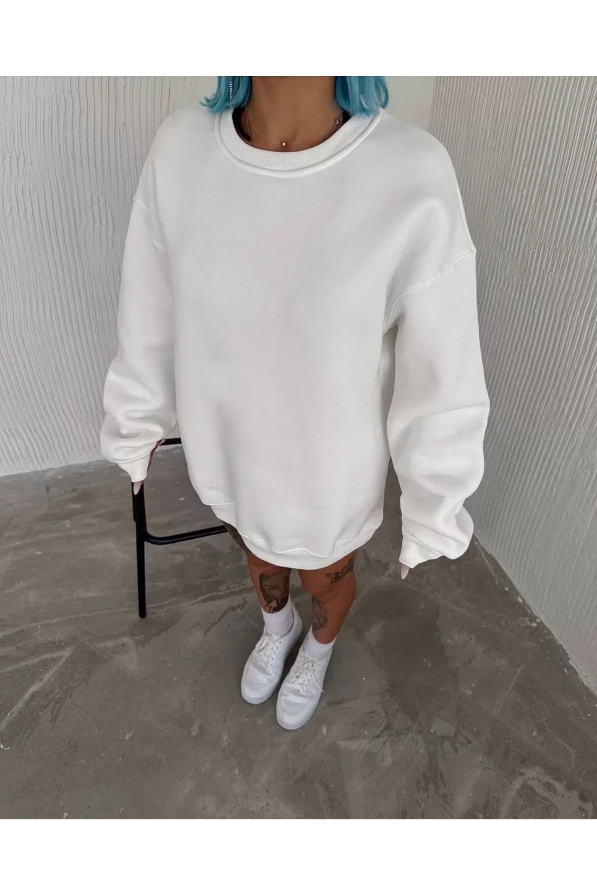 SA Alişveriş Dünyam Kışlık Bisiklet Yaka Üç İplik Basic SweatShirt - Beyaz