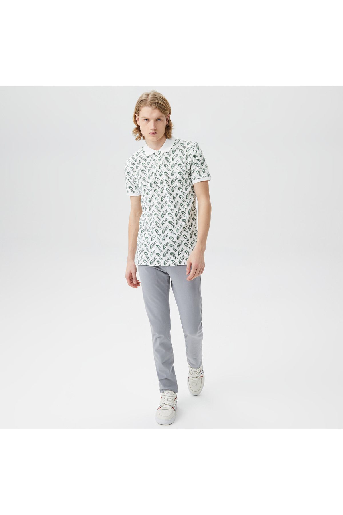 تی شرت یقه پولو سفید مردانه چوگان با الگوی باریک Lacoste