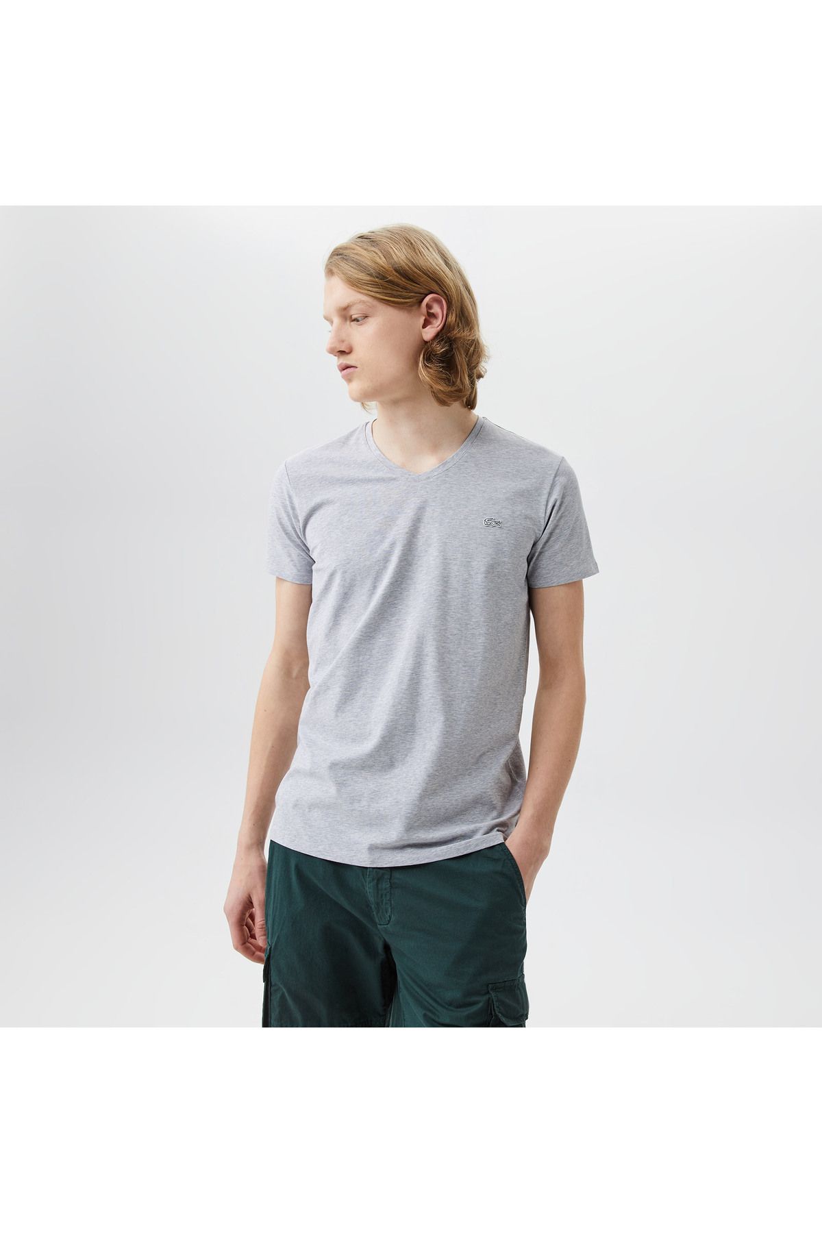 تی شرت خاکستری مردانه Slim Fit v Yaka Lacoste