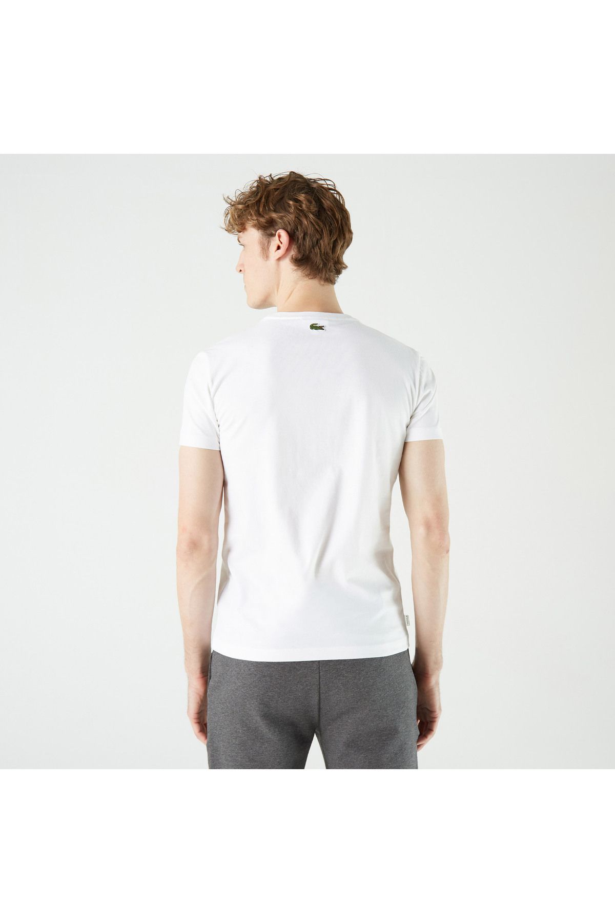تی شرت سفید مردانه یقه دوچرخه باریک طرح دار Lacoste