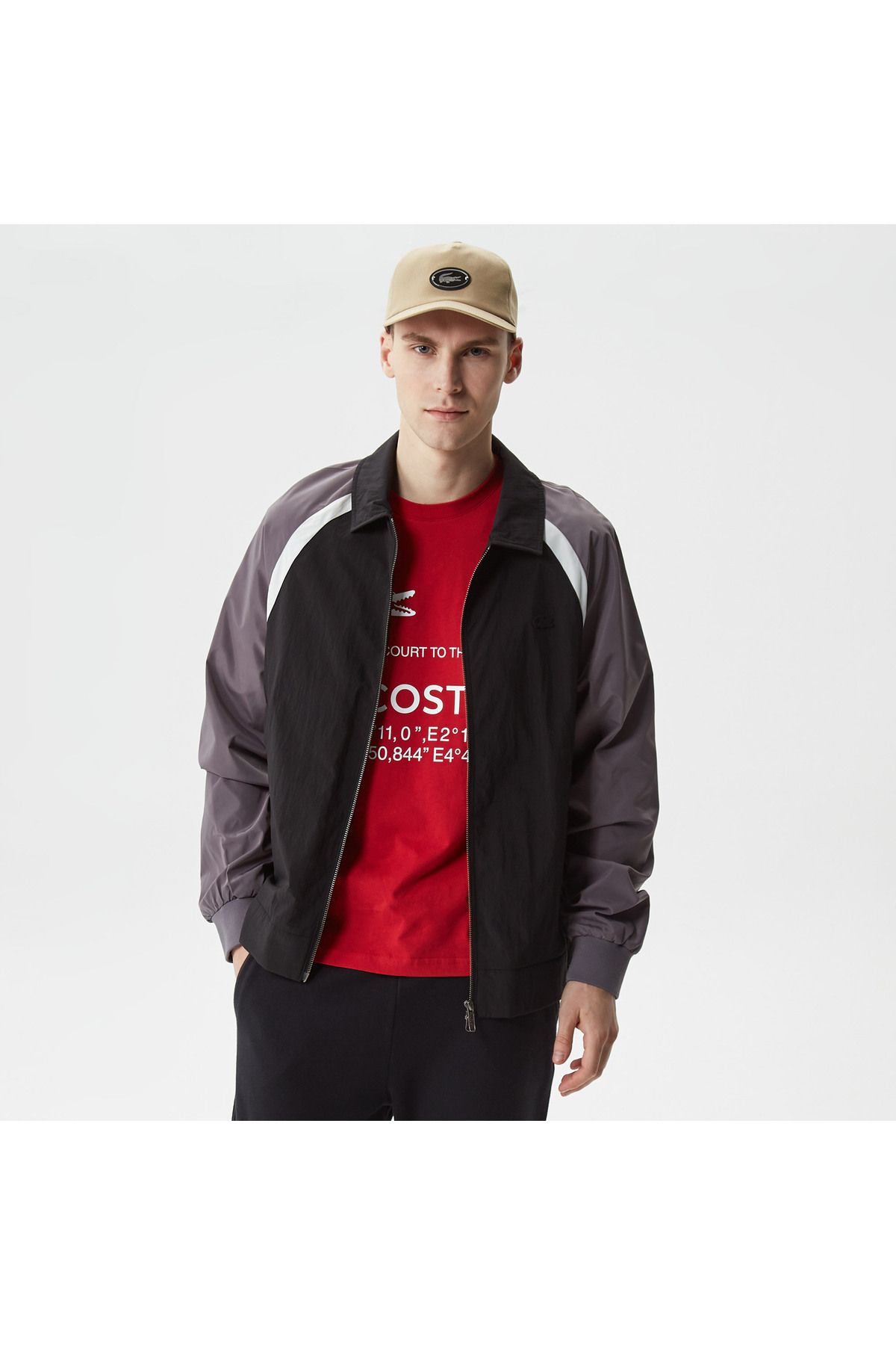 کاپشن مشکی مردانه کت یقه پیراهن رنگ بلوک Lacoste