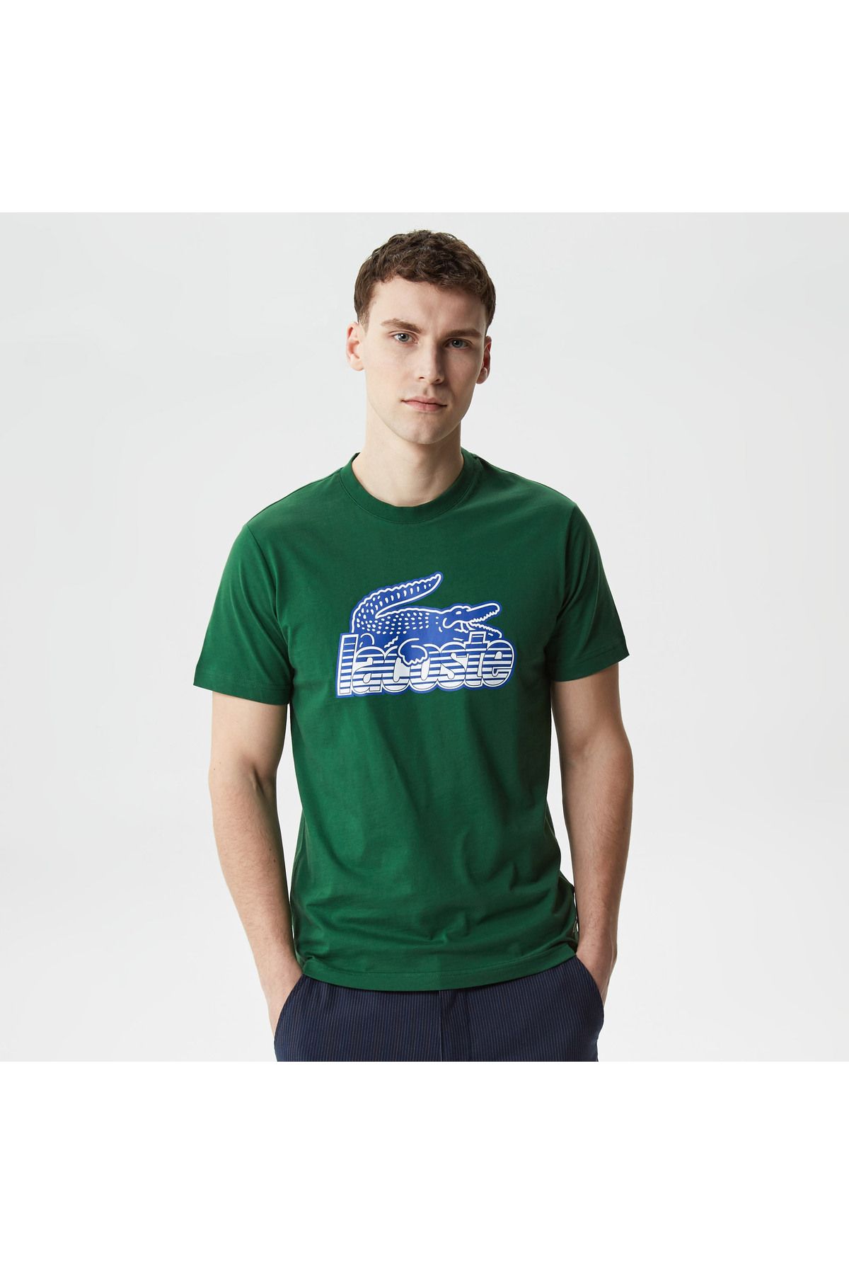 تی شرت سبز مردانه یقه دوچرخه مناسب طرح دار Lacoste