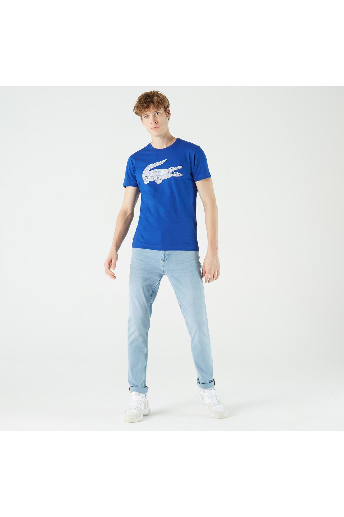 تی شرت آبی مردانه یقه دوچرخه باریک طرح دار Lacoste