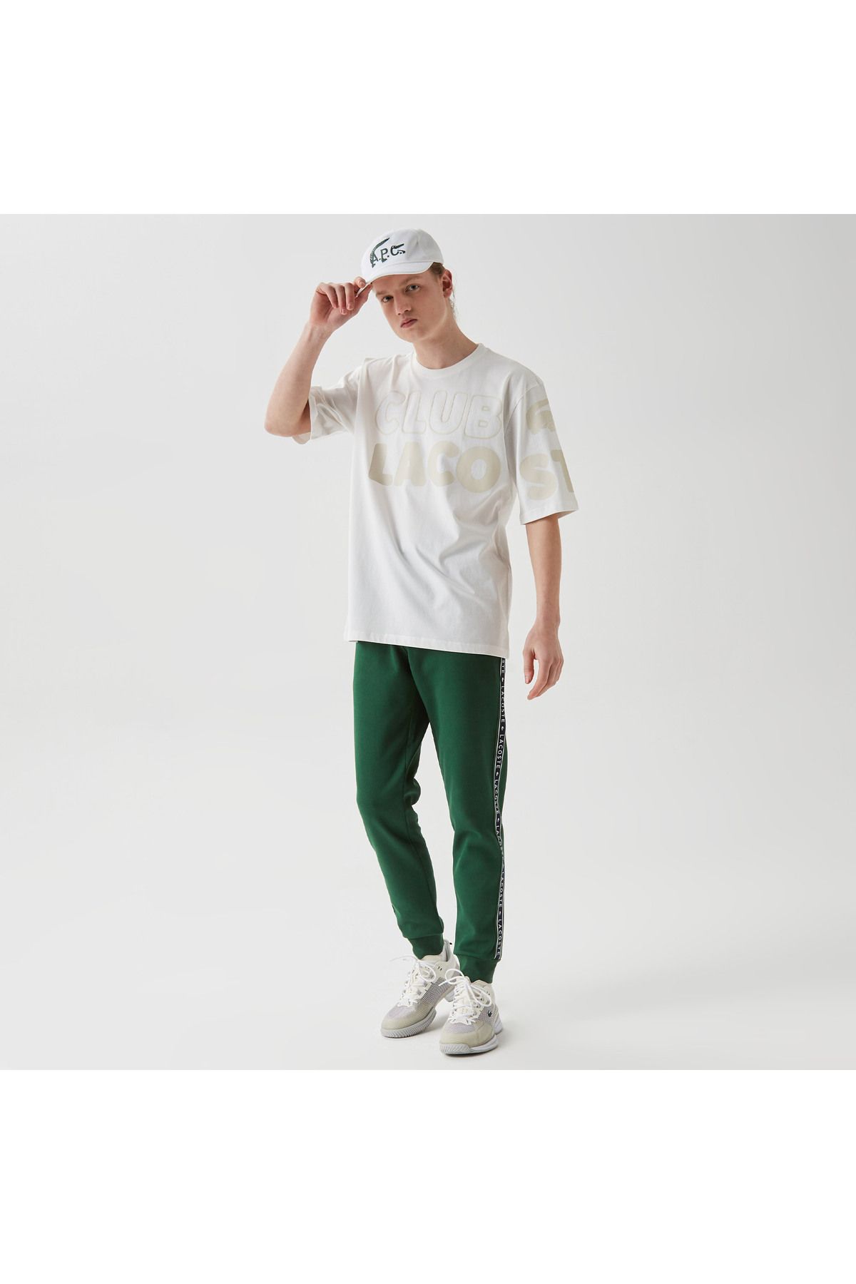 تی شرت سفید مردانه یقه دوچرخه تناسب طرح دار Lacoste