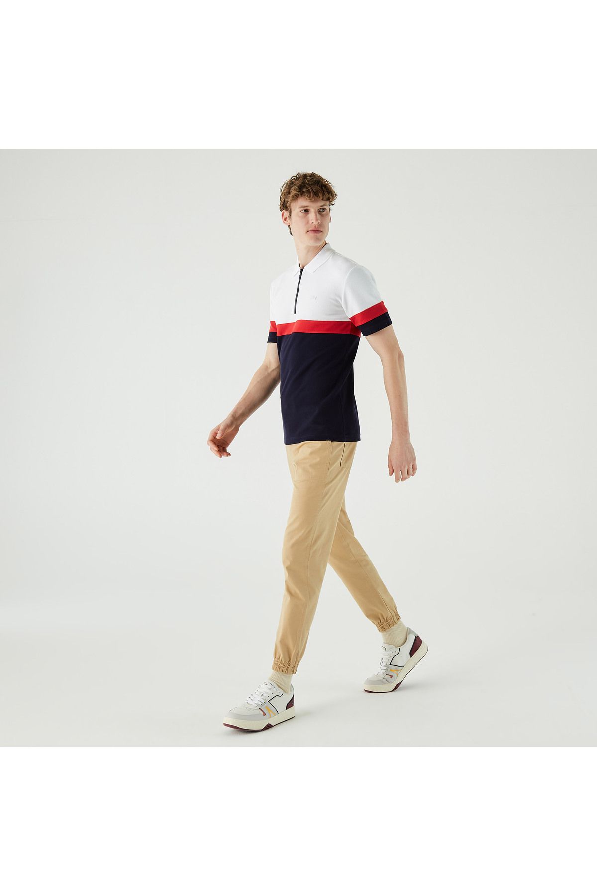 تی شرت یقه پولو سفید مردانه به طور مرتب و مناسب نیمه زیپ دار Blok Polo Lacoste