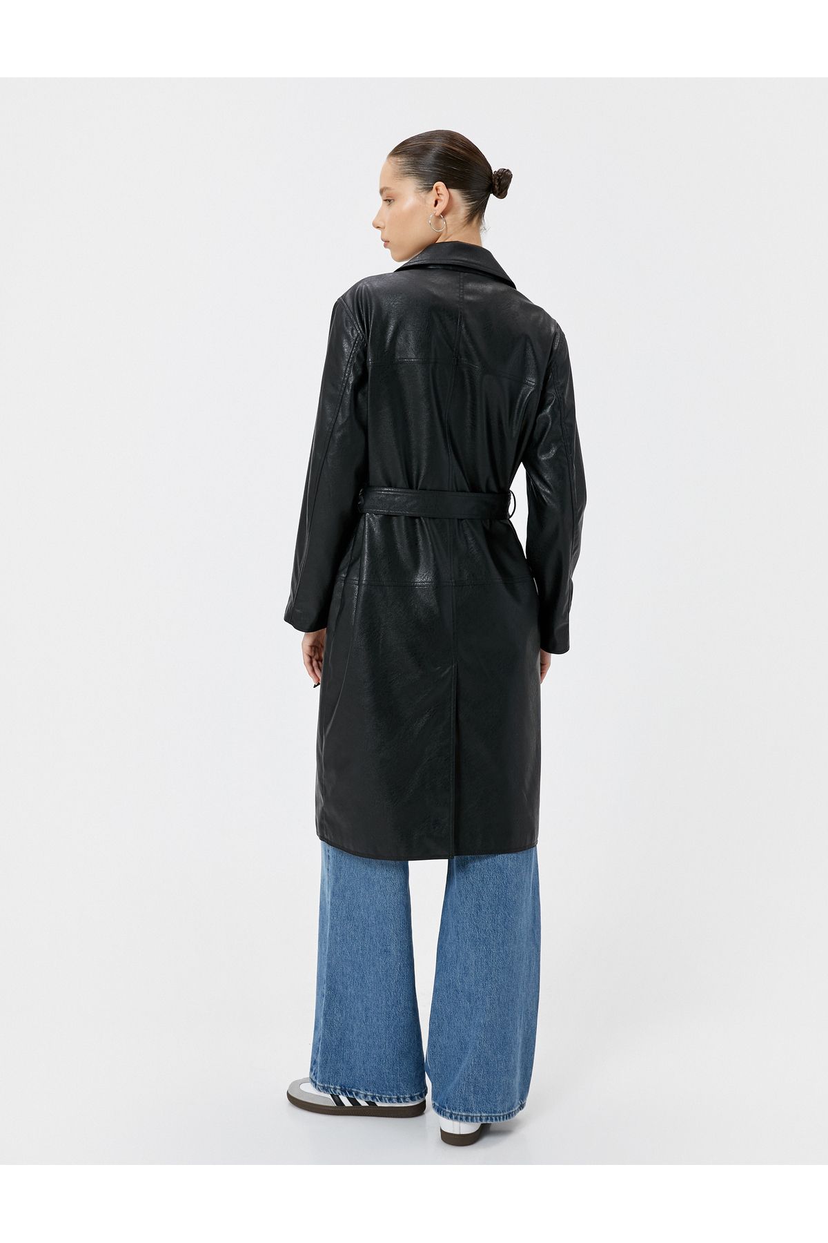 Koton-Faux Leather Long Trench Coat - Double Breasted, Pocketed and Buttoned 4