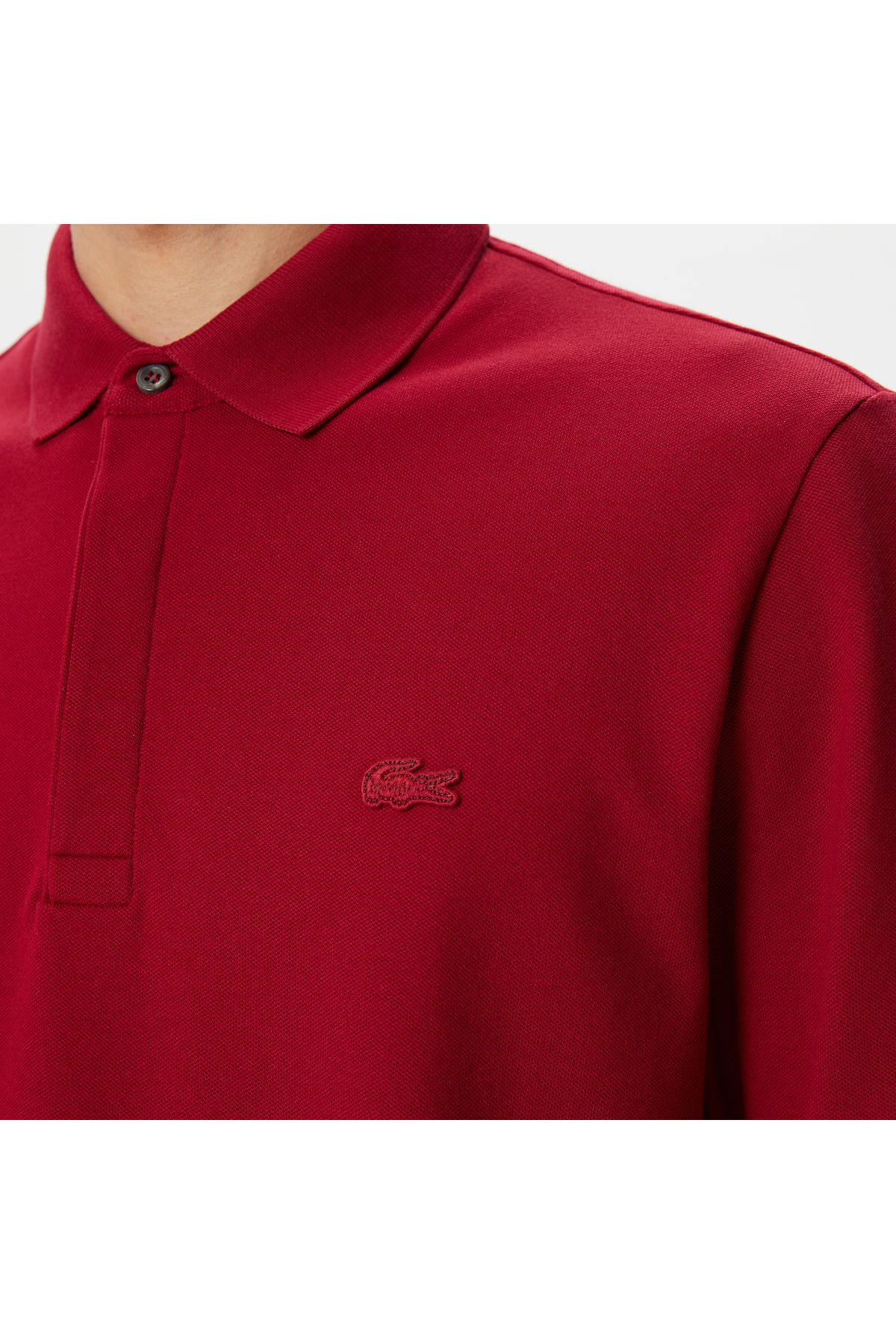 تی شرت یقه پولو قرمز مردانه آستین بلند و مناسب پاریس چوگان Lacoste