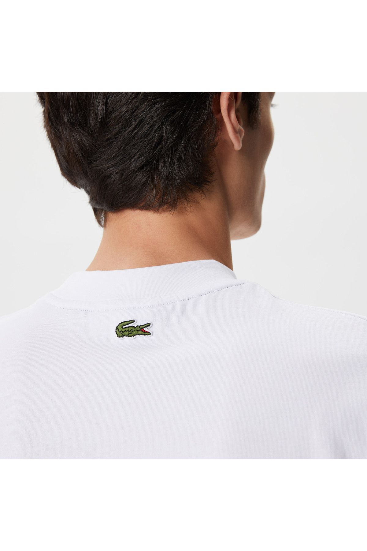تی شرت سفید مردانه یقه دوچرخه تناسب طرح دار Lacoste