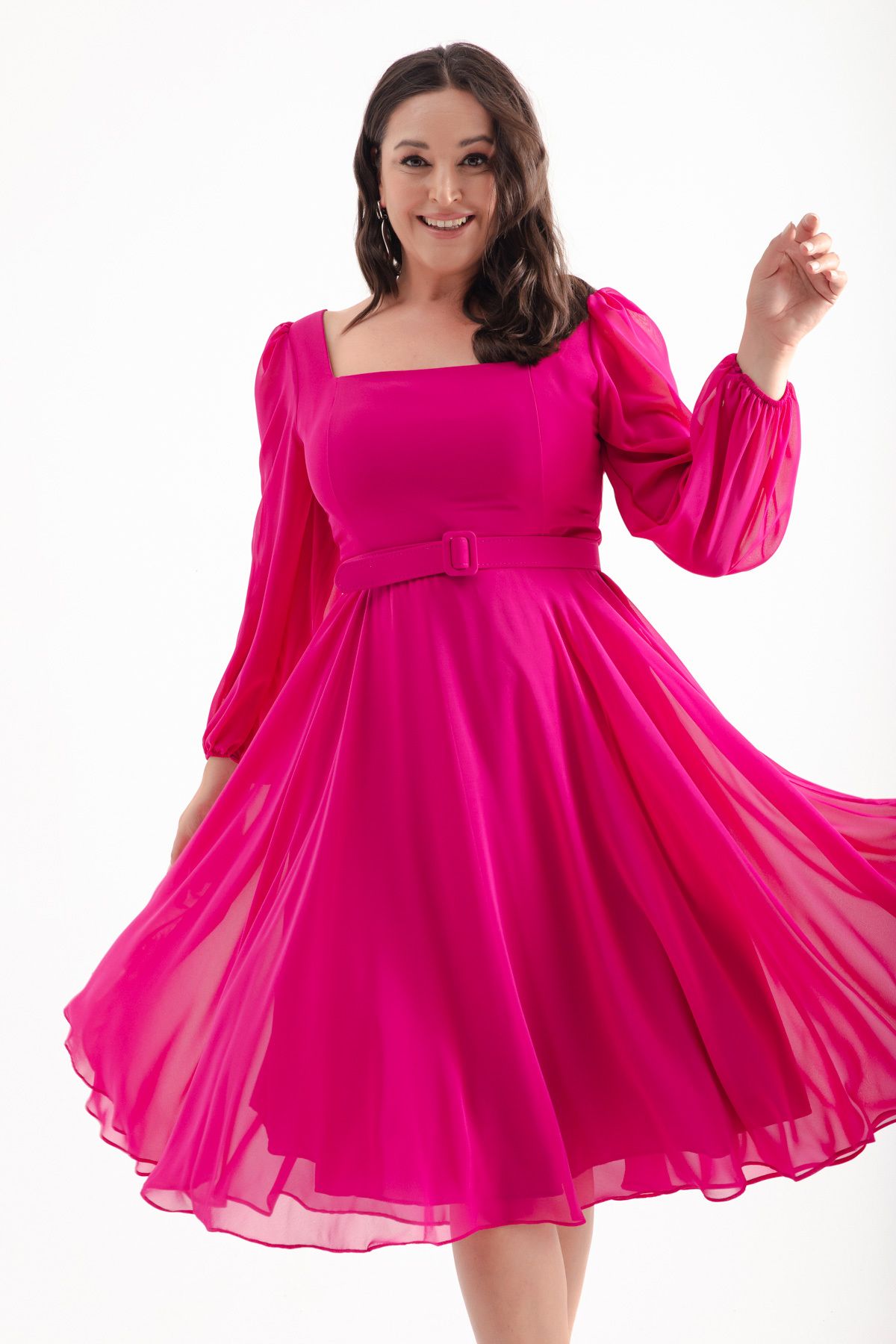 Lafaba-Fuchsia Midi Chiffon Evening Dress - Large Size Dress with Square Collar and Belt 3