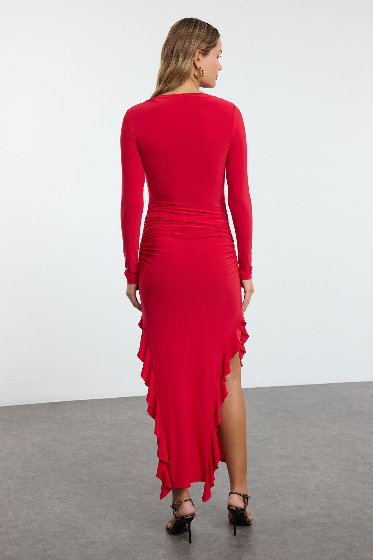 Trendyol Collection-Flexible Knitted Maxi Dress - Red, Flounce Straight Skirt, Boat Neck Twoaw24El00616 5