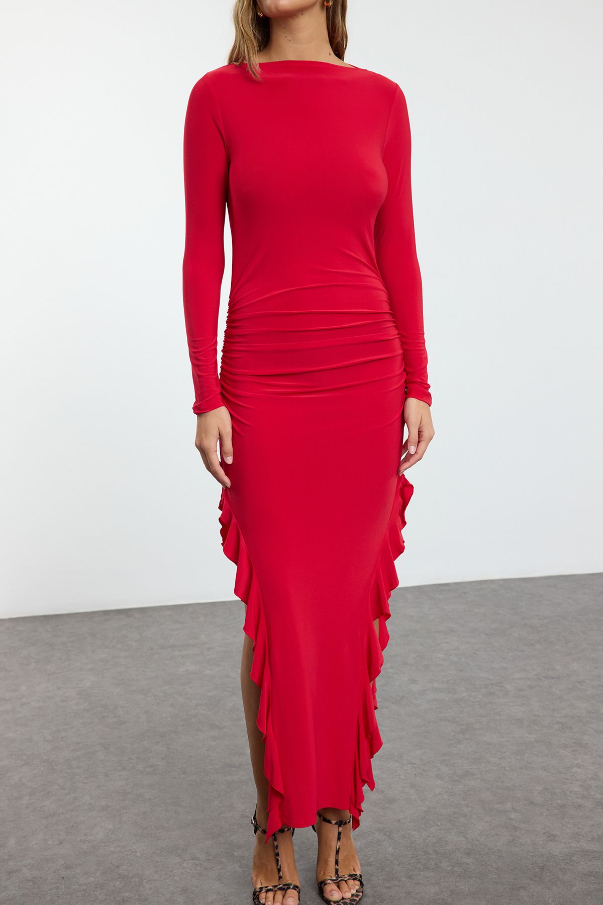 Trendyol Collection-Flexible Knitted Maxi Dress - Red, Flounce Straight Skirt, Boat Neck Twoaw24El00616 3