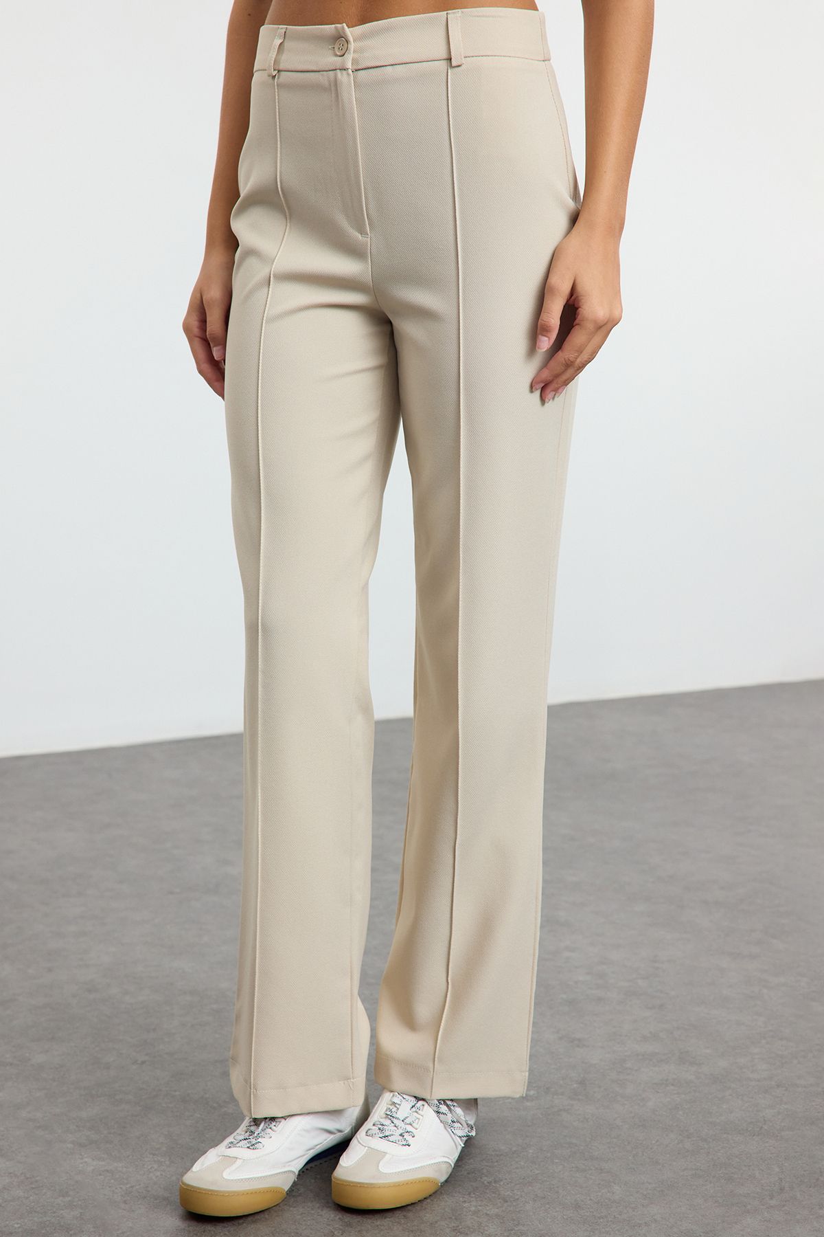 Trendyol Collection-Nerzfarbene, gerade geschnittene, gerippte, gewebte Hose mit hoher Taille TWOSS21PL0093 3