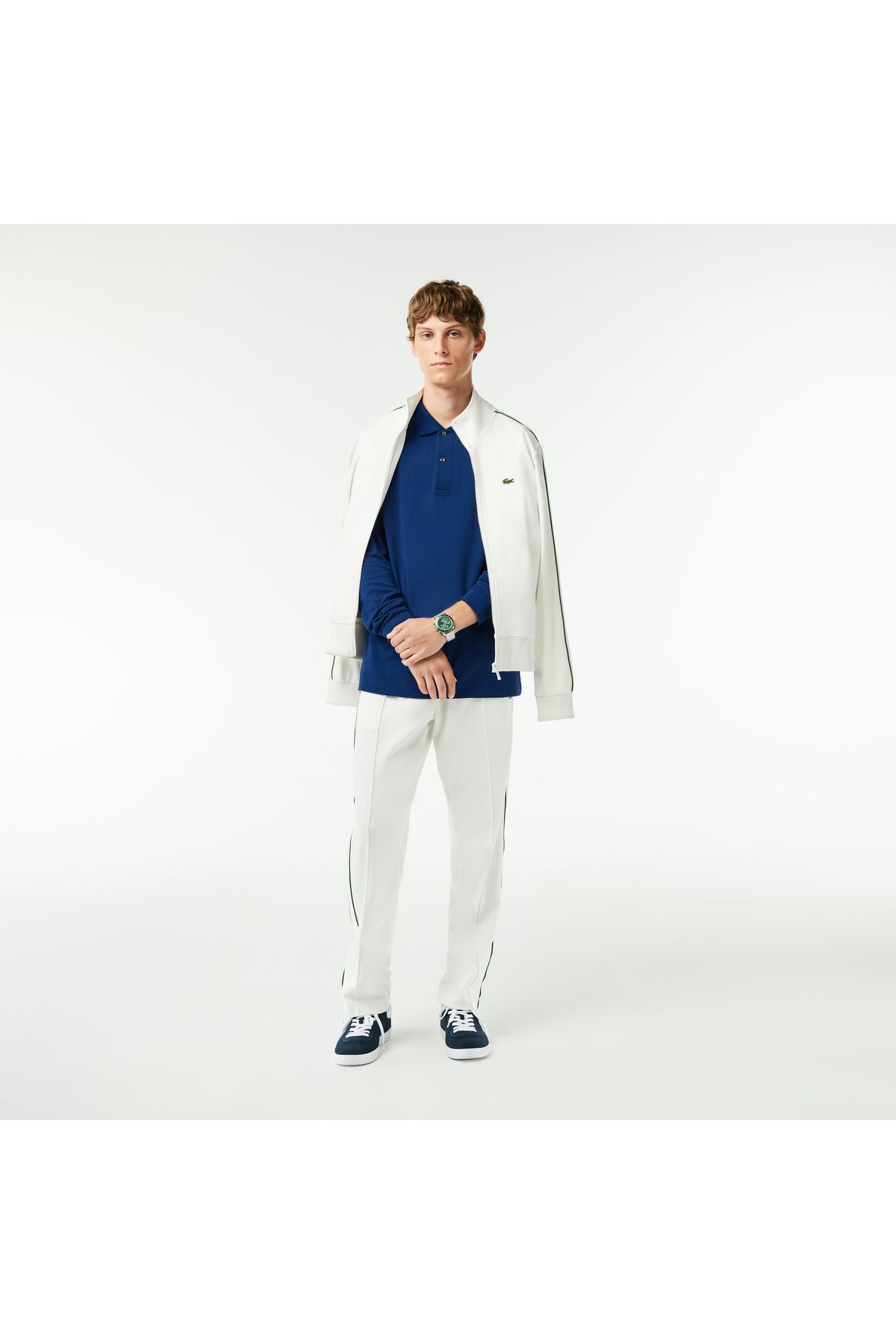 تی شرت یقه پولو آبی مردانه آستین بلند و مناسب کلاسیک L.12.12 چوگان تیره Lacoste