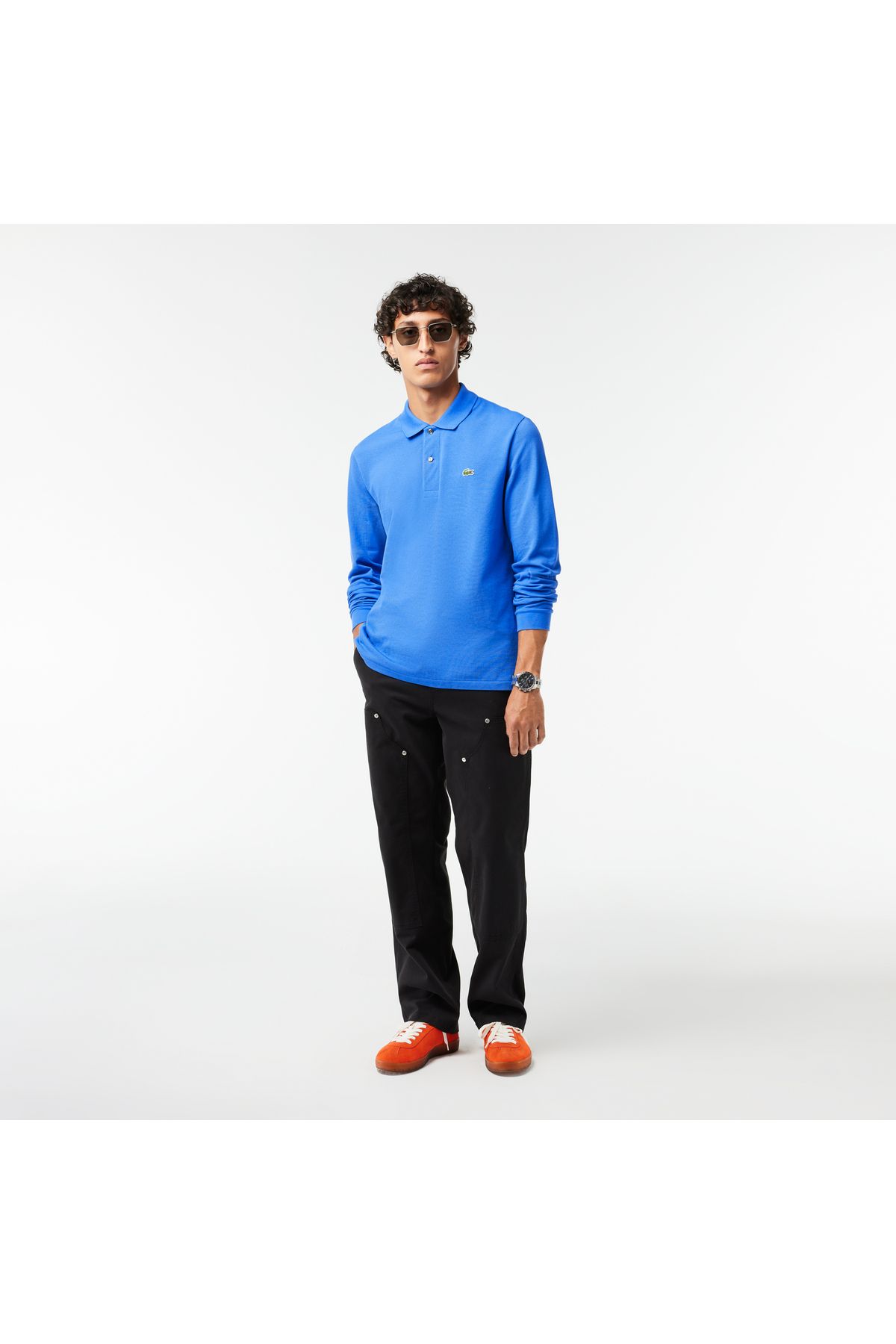 تی شرت یقه پولو مشکی مردانه آستین بلند کلاسیک L.12.12 چوگان آبی Lacoste