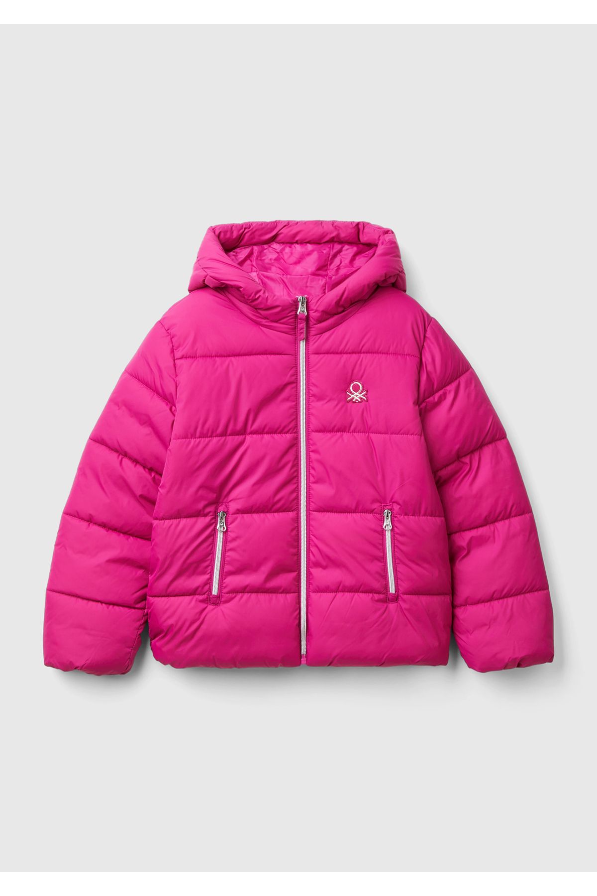 United Colors of Benetton-Girl's Fuchsia Left Chest Logo Embroidered Pocket Hooded High Collar Coat 1