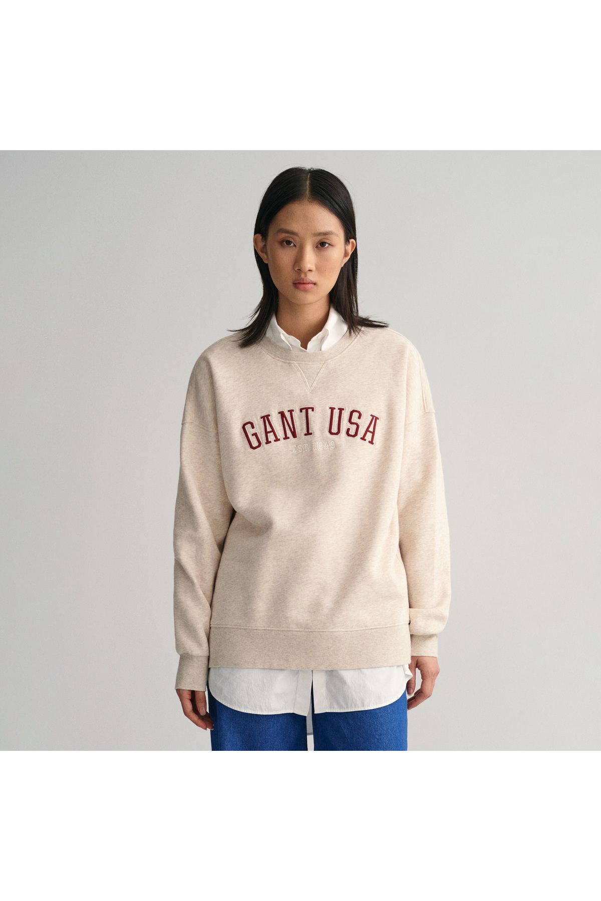 Gant Kadın Krem Oversize Fit Bisiklet Yaka Logolu Sweatshirt