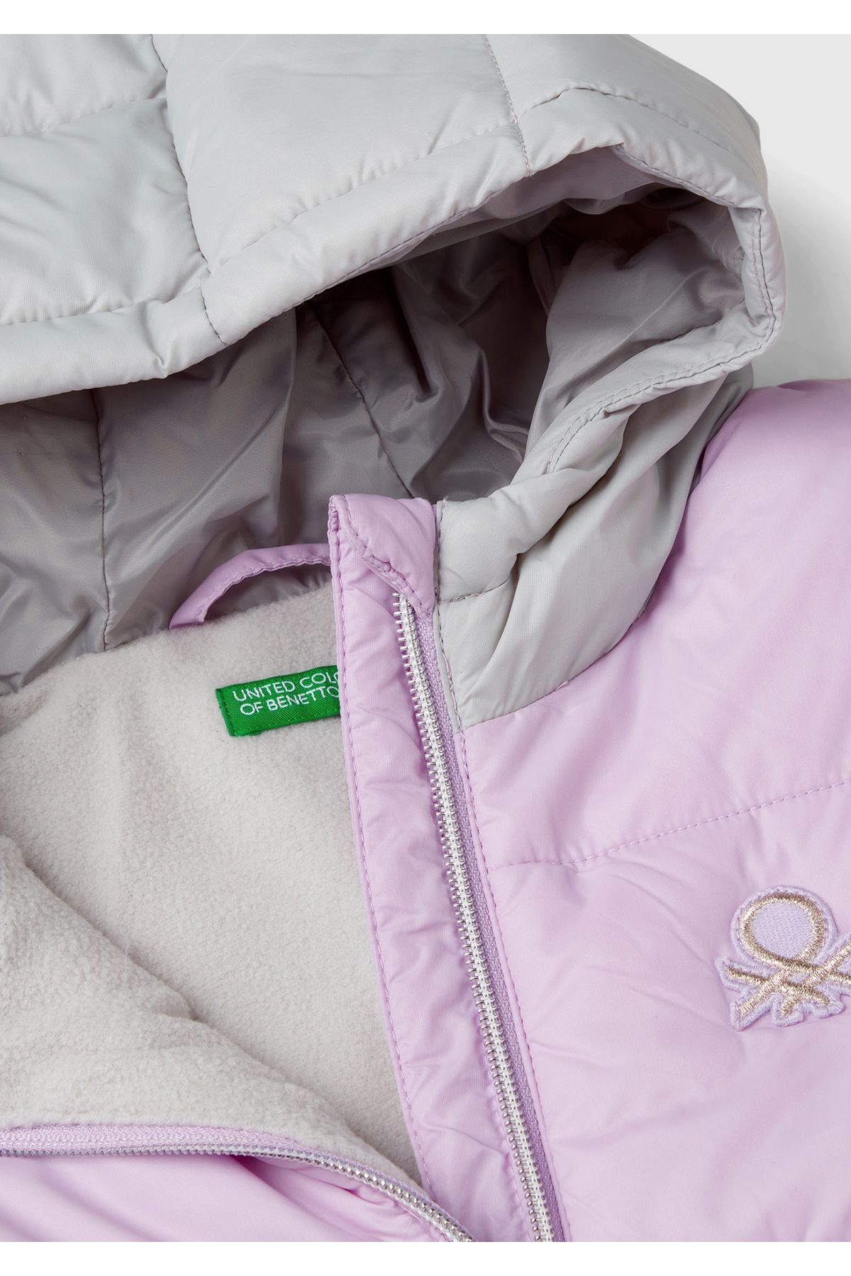 United Colors of Benetton-Lilac Mix Girl's Coat - Left Chest Logo Embroidered, Elastic Waist and Hood 3