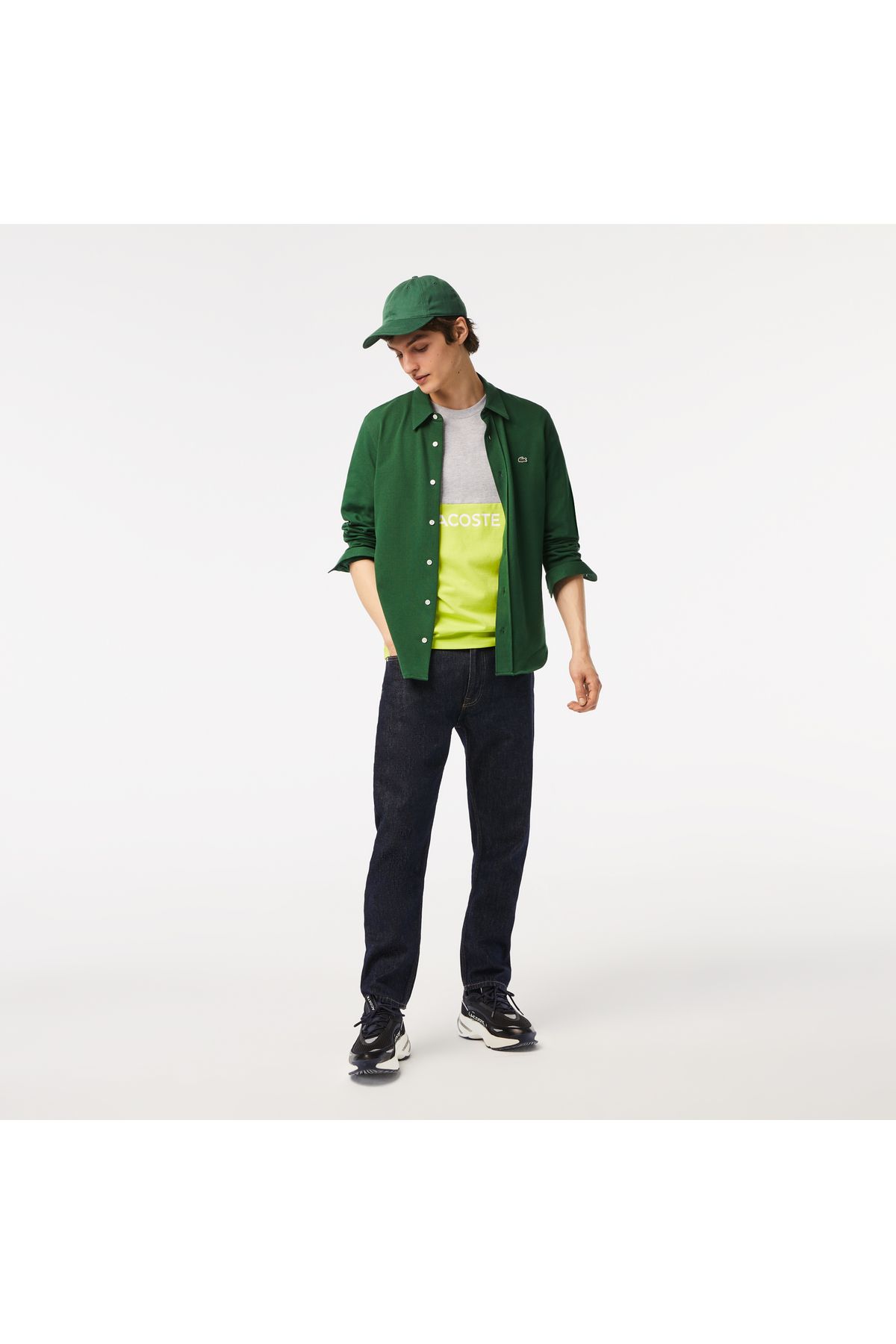 تی شرت زرد مردانه رنگ یقه دوچرخه مناسب Blok Lacoste