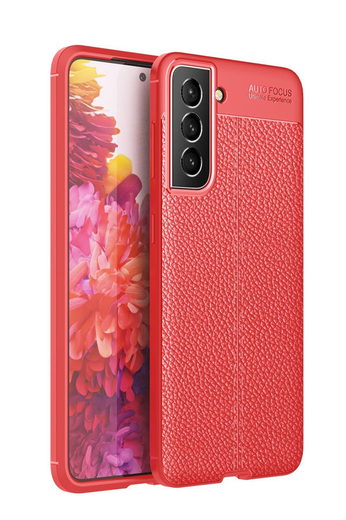NewFace Samsung Galaxy S21 FE Kılıf Focus Derili Silikon - Kırmızı FERRG