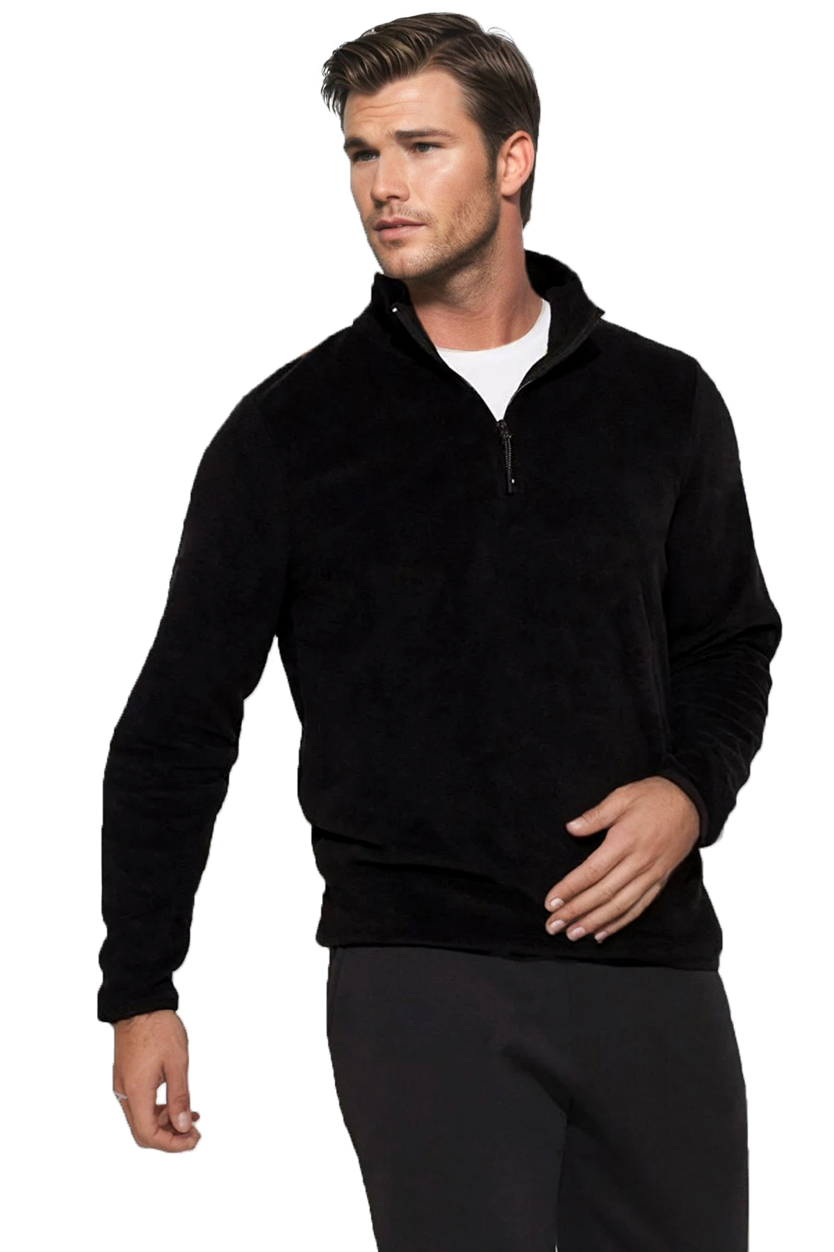 VEAVEN Siyah Yarım Fermuarlı Regular Kalıp Dik Yaka Polar Sweatshirt