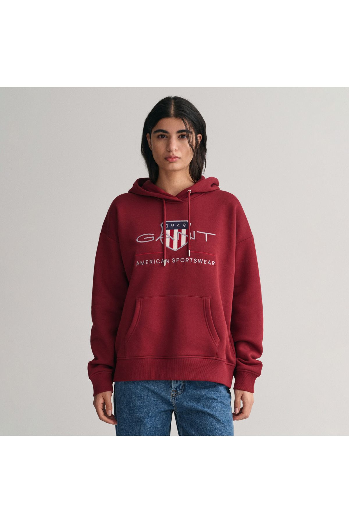 Gant Kadın Bordo Relaxed Fit Kapüşonlu Logolu Sweatshirt