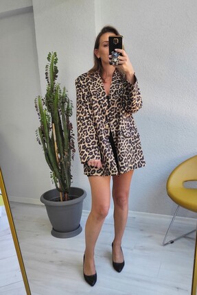 lady special Kadın Premium Kalite Oversize Leopar Ceket
