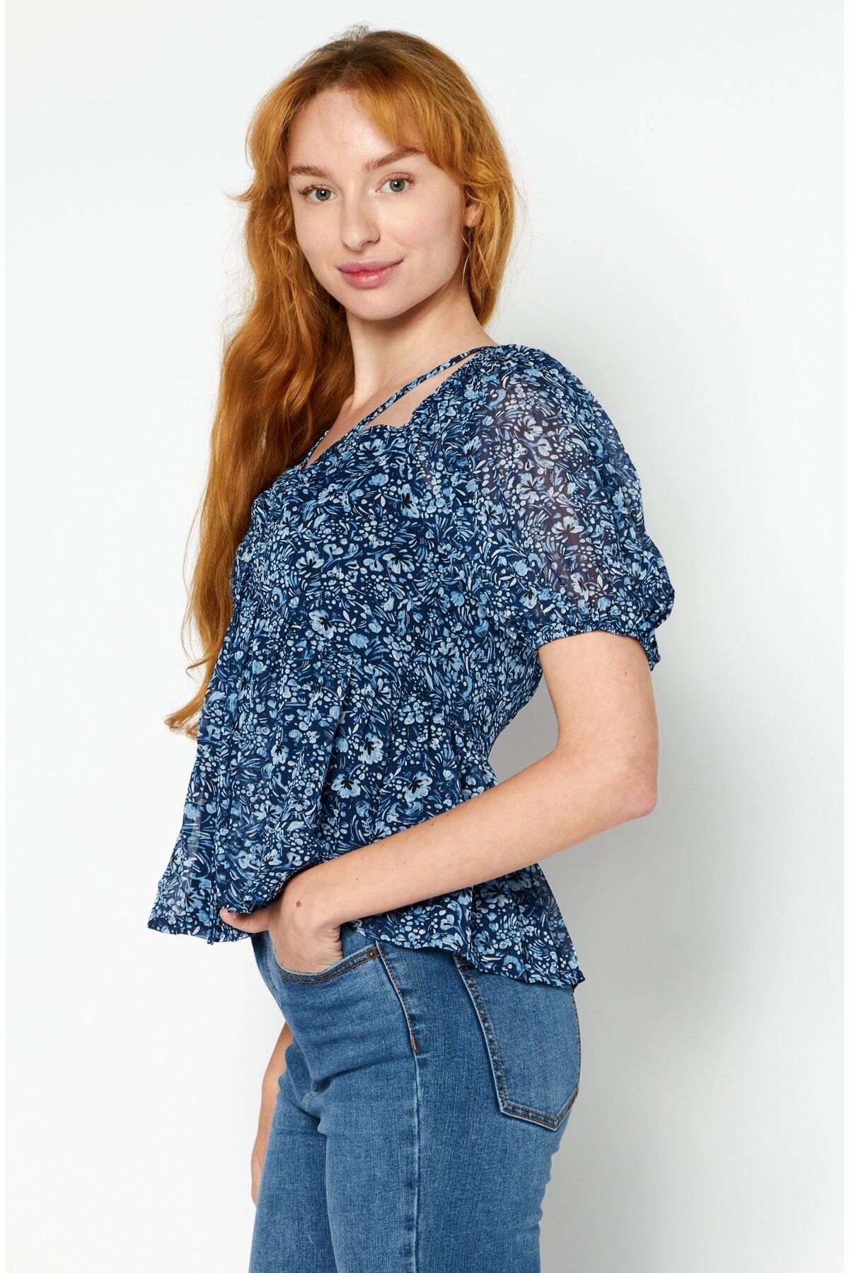 Aqua-Women V Neck Short Sleeve Floral Print Top, Blue 2