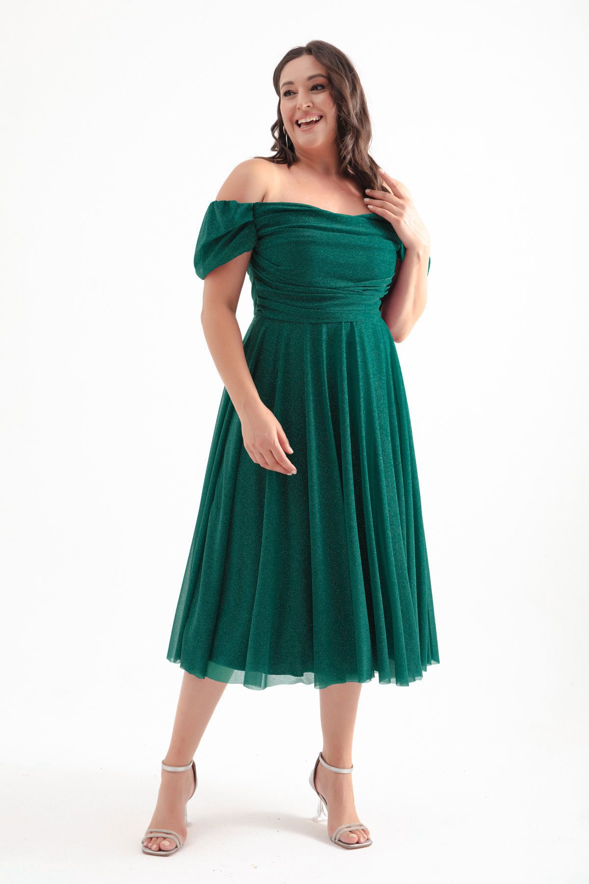 Lafaba-Smaragdově zelené večerní šaty Midi s výstřihem - Boat Deck Plus Size Šaty 3
